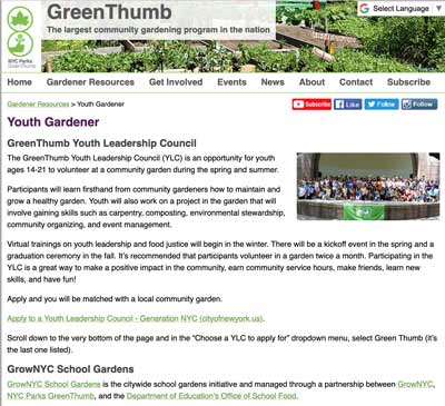 NYC Parks GreenThumb Youth Garden website